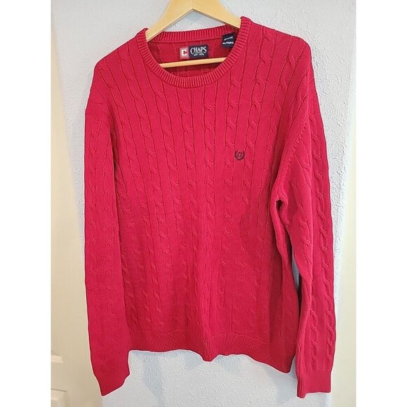 Chaps Ralph Lauren Cable Knit Sweater Mens XL Red Crew Neck Pullover Y2K - Picture 2 of 6
